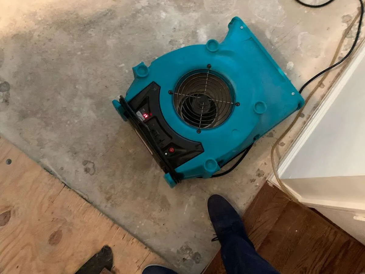 Air mover drying subfloor during Leak Detection & Repair in Eagle Point